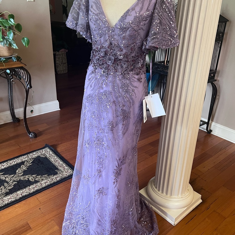 Mac Duggal Purple Flutter Sleeve V-Neck Gown - Picture 11 of 14
